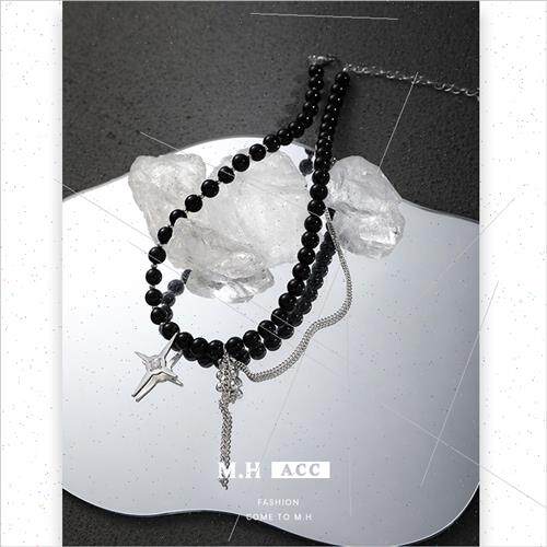 Quadrangle Bear Necklace Black Beaded Fashion Sweater Chain