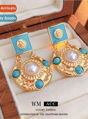 Earrings lver Needle Pleated Metal Disc Pearl Earrings Frenc