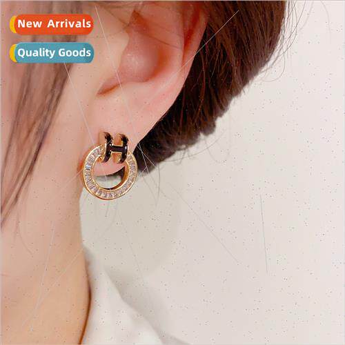 Premium s925 silver needle oil drop letter H circle earrings