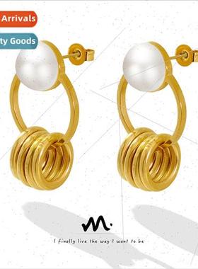 Europe vintage chic double hoop dangling pearl earrings tani