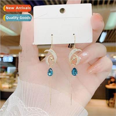 2021 Koreaew wave phoenix blue crystal earrings tassel long