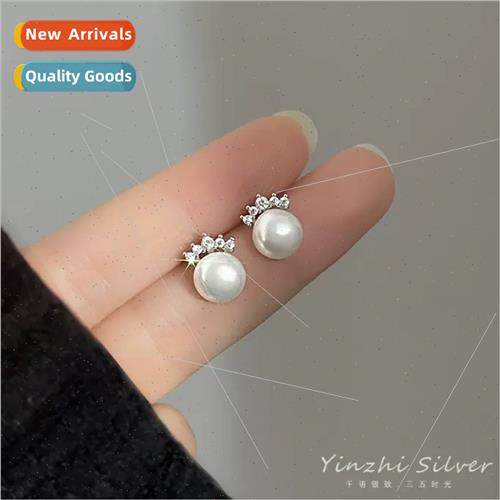 S925 silver needle small crown pearl earrings female 2023 ne