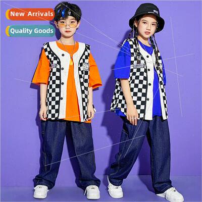 Childrens checkerboard vest set dance permance su boys cool