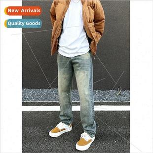 Washed aged blue straight jeans frayed wrinkled pattern casu