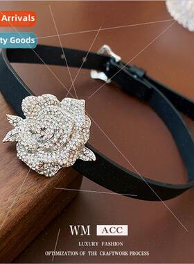 Black Leather Diamonds Flower Belt Buckle Necklace Chain Nec