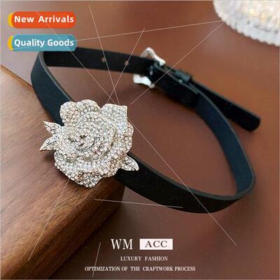 Black Leather Diamonds Flower Belt Buckle Necklace Chain Nec