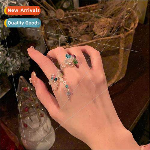 ins tassel cute flower colorful beaded crystal niche ring in