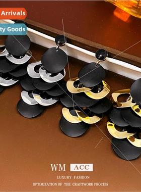 lver needle round metal sequins tassel earrings French fashi