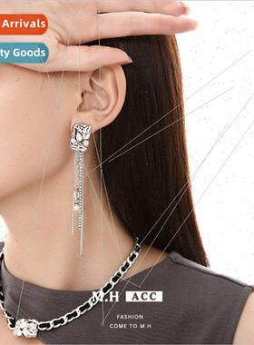 Quadrilateral long earrings female tassel vintage 925 silver