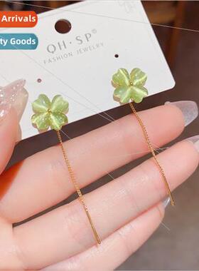 Green Cat Eye Stone Clover Long Tassel Earrings Women che Ea