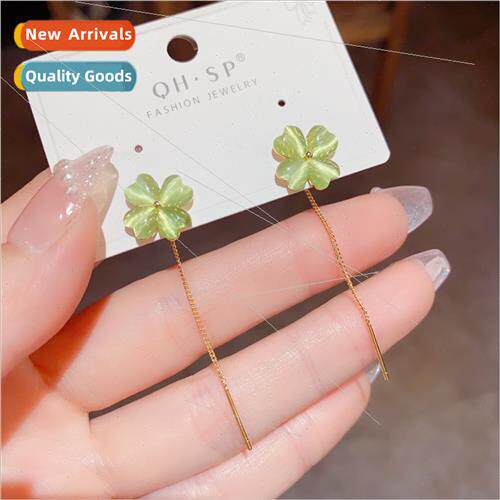 Green Cat Eye Stone Clover Long Tassel Earrings Women che Ea