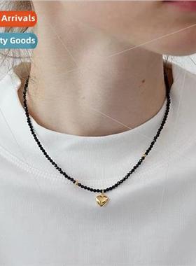 Black Spinel Heart Pendant Necklace Delicate Beaded Necklace