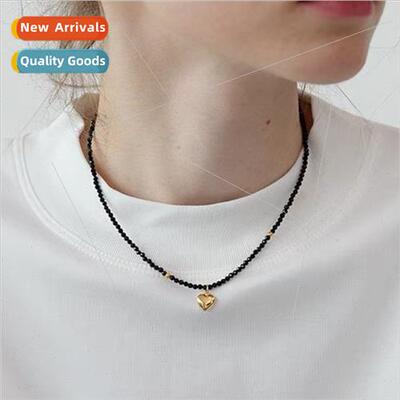 Black Spinel Heart Pendant Necklace Delicate Beaded Necklace
