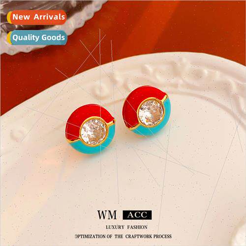 silver needle inlaid diamond oil drop round earrings simple