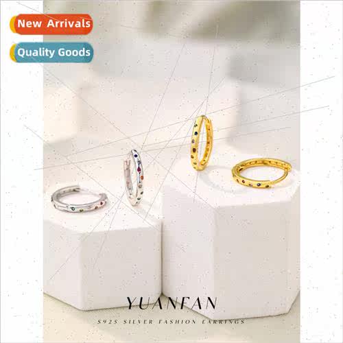 New s925 silver simple color zirconia earrings female round