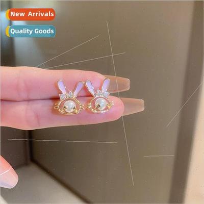 New 925 silver needle wh diamond pearl rabb earrings female