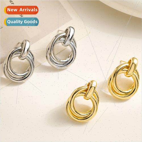 Europe circle earrings female new tide ins metal texture ear