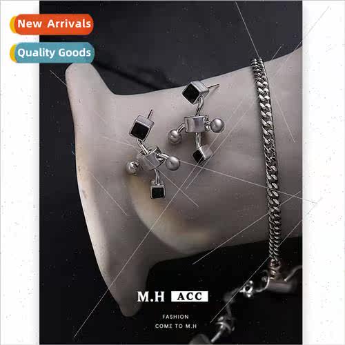 Black diamond robot earrings female retro 925 silver pin ear