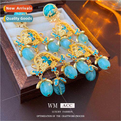 Ear Clips Blue Resin Flower Hollowed Out Earrings French Vin