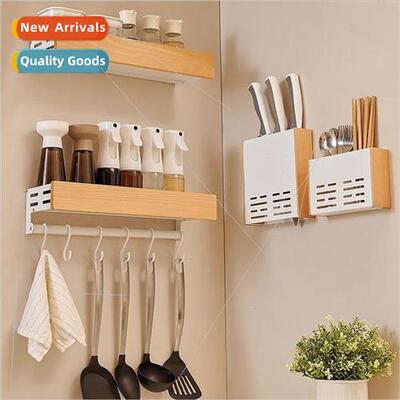 Solid wood kchen spice rack multifunctional storage hooks ac