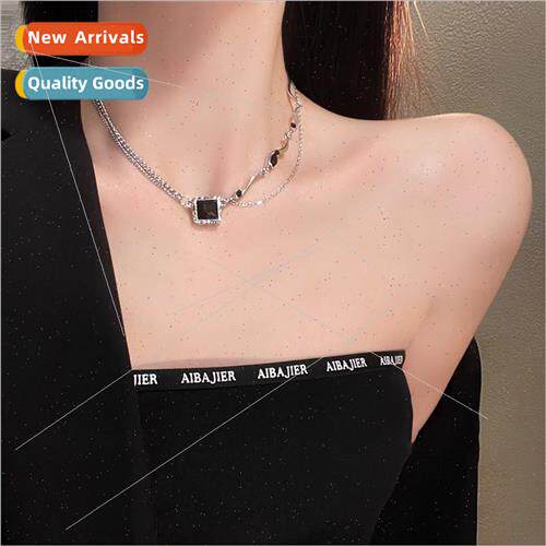 Black zirconia square diamond necklace female sweet cool col