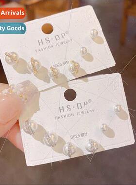 Korea new 925 silver needle set pearl zirconia planet earrin