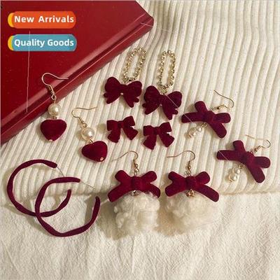 2024 new wine red velvet bow hairball earrings female fall w