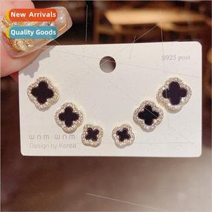 S925 silver pin four-leaf flower threepcs combination earrin