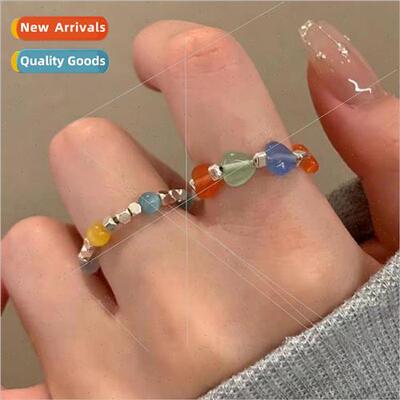 Korea new dopamine love heart broken silver beaded ring fema