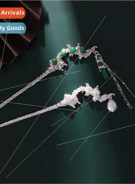 Metal lava pearl hairpin female new Chinese gradient green t