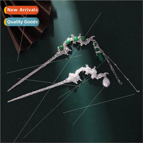 Metal lava pearl hairpin female new Chinese gradient green t