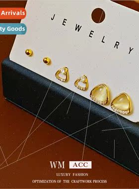 lver needle zircon hollow triangle cat eye stone earrings sm