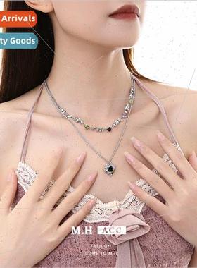 Autumn color zirconium love stacking necklace niche delicate