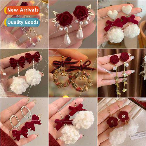 Autumn winter earrings red vintage flocking flowers bow earr