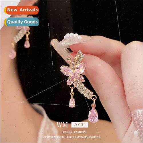 lver needle zirconia pink butterfly drop earrings Elegant ve
