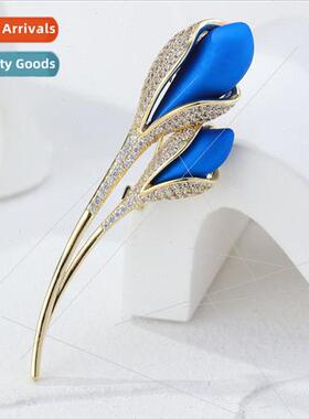 High-grade blue tulip brooch noble atmosphere copper zirconi