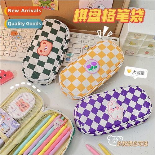 mple checkerboard grid pencil bag ins large-capacy canvas st