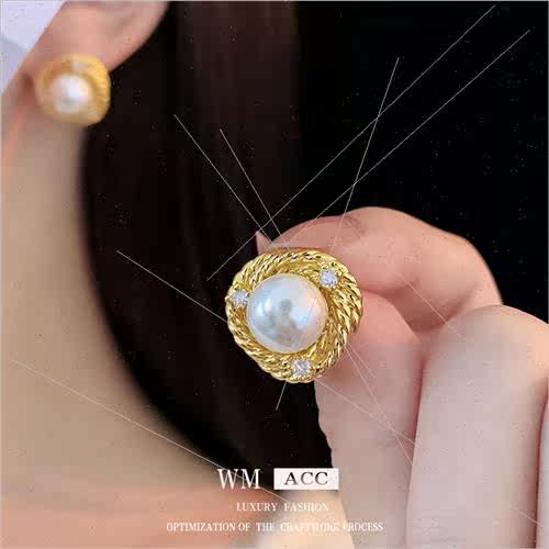 silver pin wh diamond pearl metal earrings French retro earr