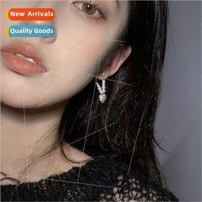 Pearl full diamond love earrings sweet cute fall winter peac