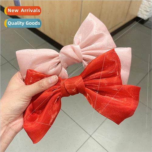 hair clips large bow pearlescent satin spring clip top clip