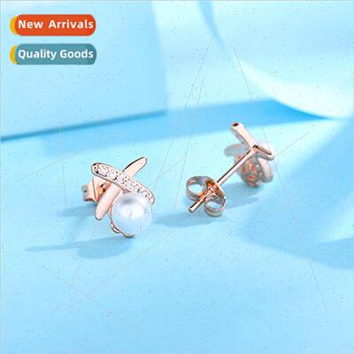 Crossover earrings women french simple pearl earrings ins ea