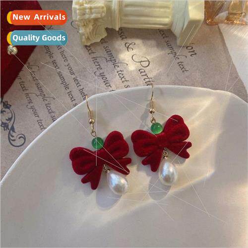 Bow tie velvet sweet earrings long love show whe wine red gi