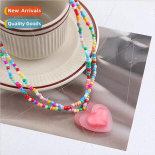 Double Layers Pink Peach Heart Necklace Colorful Beaded Neck