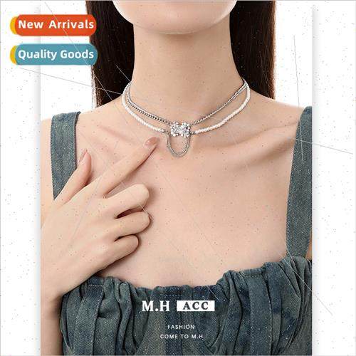 Square diamond pearl double layer necklace female collarbone
