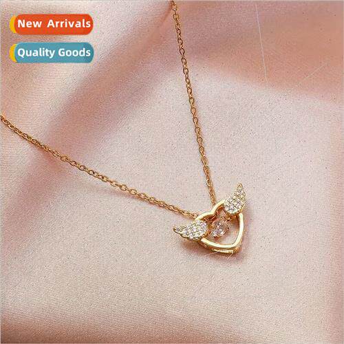 Tanium Steel Spirual Angel Wings Heart Necklace Women Gold F