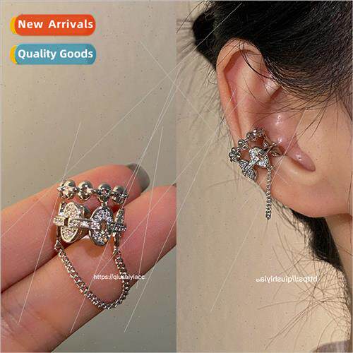 Hundred one micro diamond silver metal chain ear bone clip w
