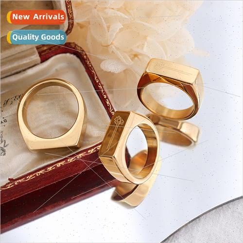 French Ins Glossy Ring Engraved Flower Seal Ring Tanium Stee