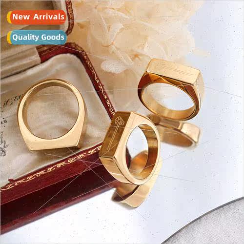 French Ins Glossy Ring Engraved Flower Seal Ring Tanium Stee