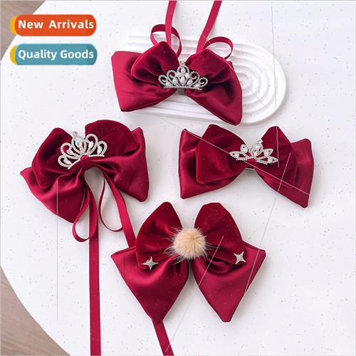 Children festival burgundy color hair clips girls velvet bow