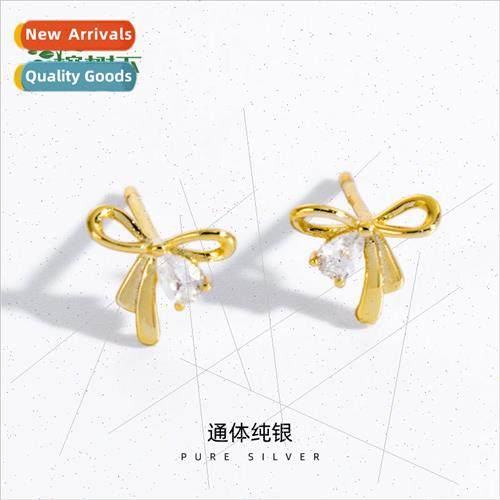 S925 silver plated bow zirconia earrings match delicate butt